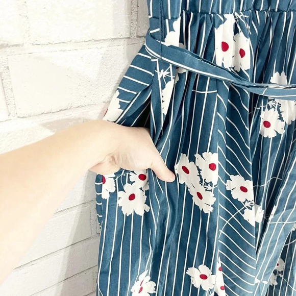 Modcloth Blue & White Striped Floral Fit & Flare Sleeveless Dress Pockets NEW - Picture 6 of 10
